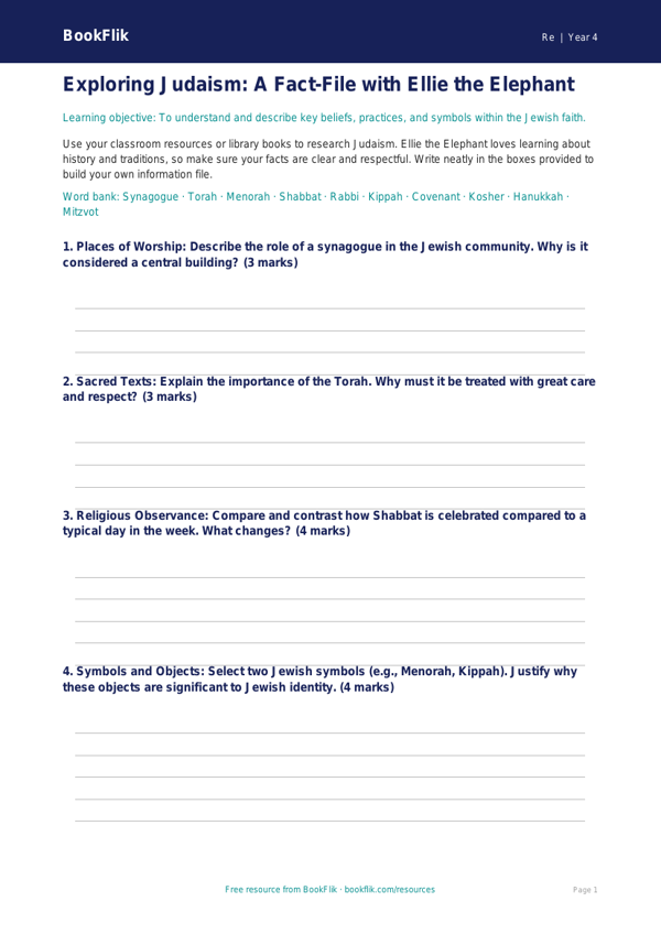 Judaism Lesson Plan for Class 4 | EVS & Moral Education | BookFlik worksheet preview — Re Judaism