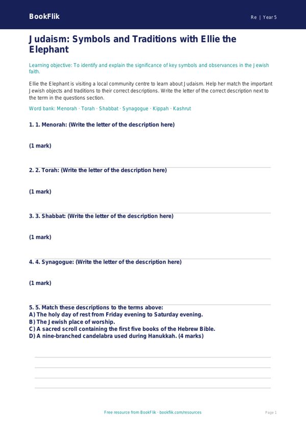 Free Judaism Activity Sheet | Class 5 | EVS / Moral Education | BookFlik worksheet preview — Re Judaism