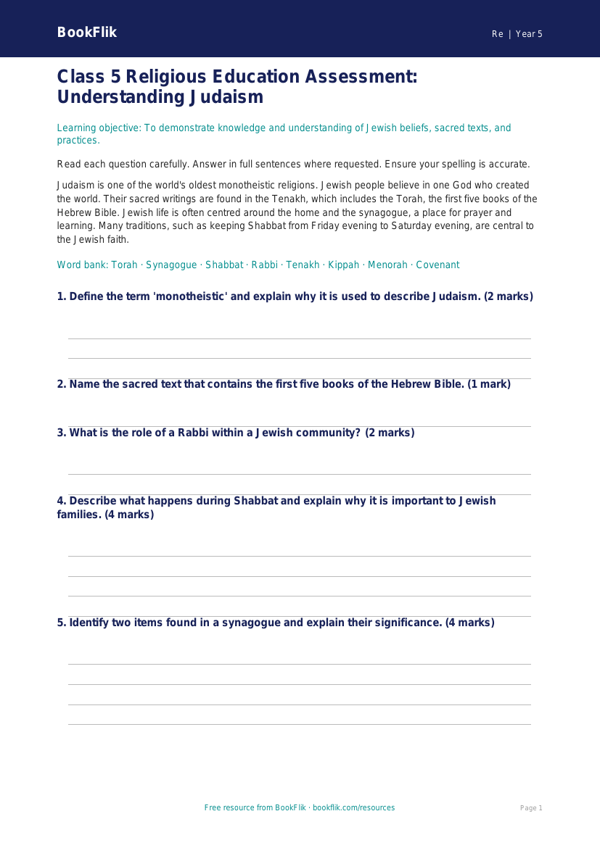 Judaism Lesson and Assessment | Class 5 EVS | BookFlik worksheet preview — Re Judaism