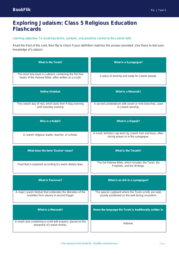 Judaism Facts for Class 5 | EVS & Moral Education | BookFlik worksheet preview — Re Judaism