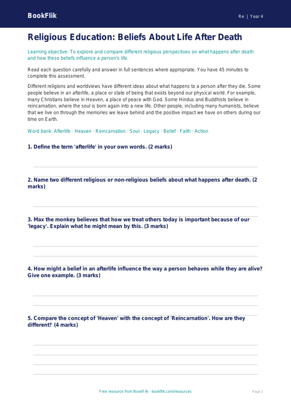 Free Life After Death Assessment | Class 4 | EVS / Moral Education | BookFlik worksheet preview — Re Life After Death