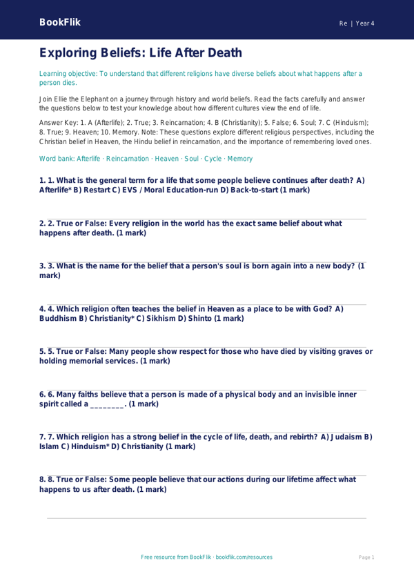 Understanding Life After Death | Free EVS Quiz for Class 4 | BookFlik worksheet preview — Re Life After Death