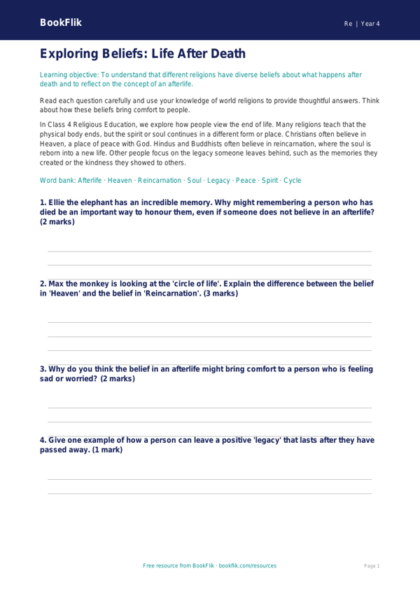 Free Life After Death Worksheet for Class 4 | EVS / Moral Education | BookFlik worksheet preview — Re Life After Death