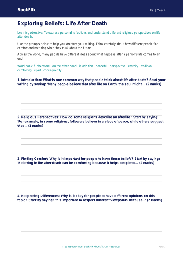 Free Life After Death Writing Frame | Class 4 | EVS / Moral Education | BookFlik worksheet preview — Re Life After Death