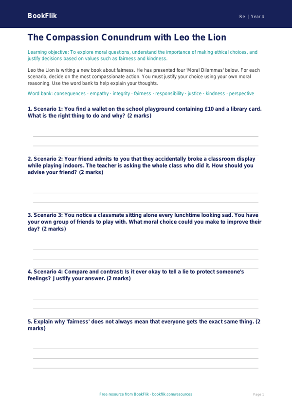 Free Moral Questions Activity Sheet | Class 4 | EVS / Moral Education | BookFlik worksheet preview — Re Moral Questions