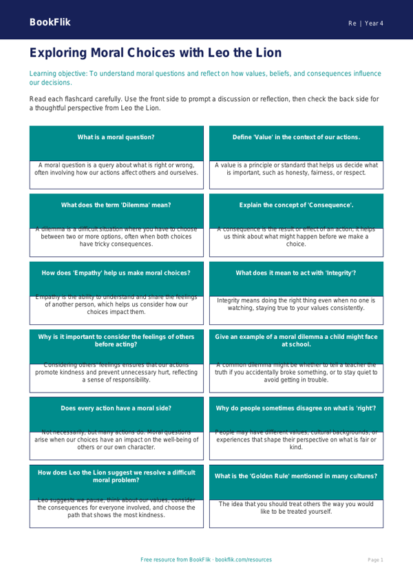 Free Moral Questions Flashcards | Class 4 | EVS / Moral Education | BookFlik worksheet preview — Re Moral Questions