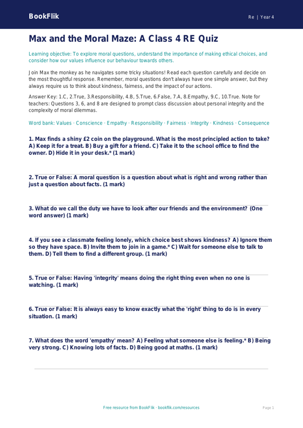 Free Moral Questions Quiz | Class 4 | EVS / Moral Education | BookFlik worksheet preview — Re Moral Questions