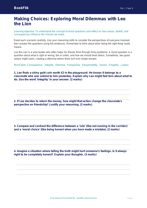 Free Moral Questions Worksheet | Class 4 | EVS / Moral Education | BookFlik worksheet preview — Re Moral Questions