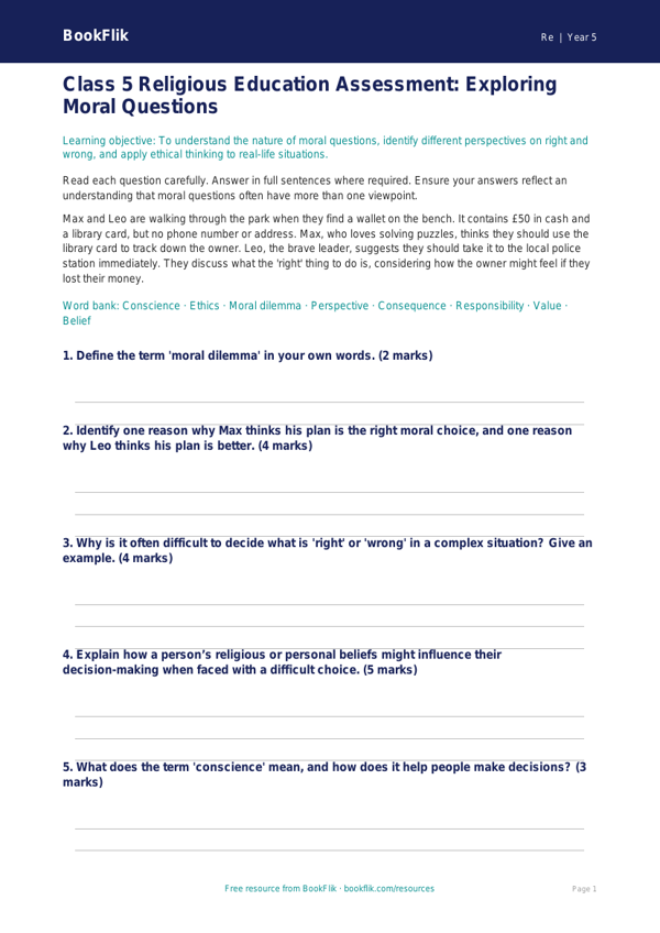 Free Moral Questions Assessment | Class 5 | EVS / Moral Education | BookFlik worksheet preview — Re Moral Questions