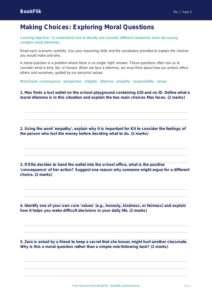 Free Moral Questions Worksheet | Class 5 | EVS / Moral Education | BookFlik