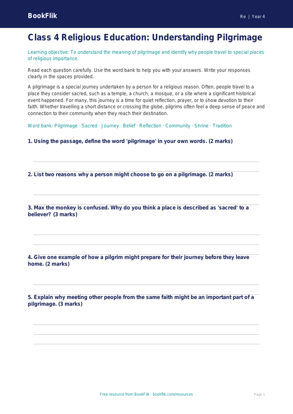 Free Pilgrimage Assessment for Class 4 | EVS / Moral Education | BookFlik worksheet preview — Re Pilgrimage
