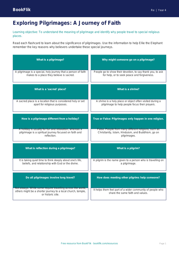 Free Pilgrimage Flashcards for Class 4 | EVS / Moral Education | BookFlik worksheet preview — Re Pilgrimage
