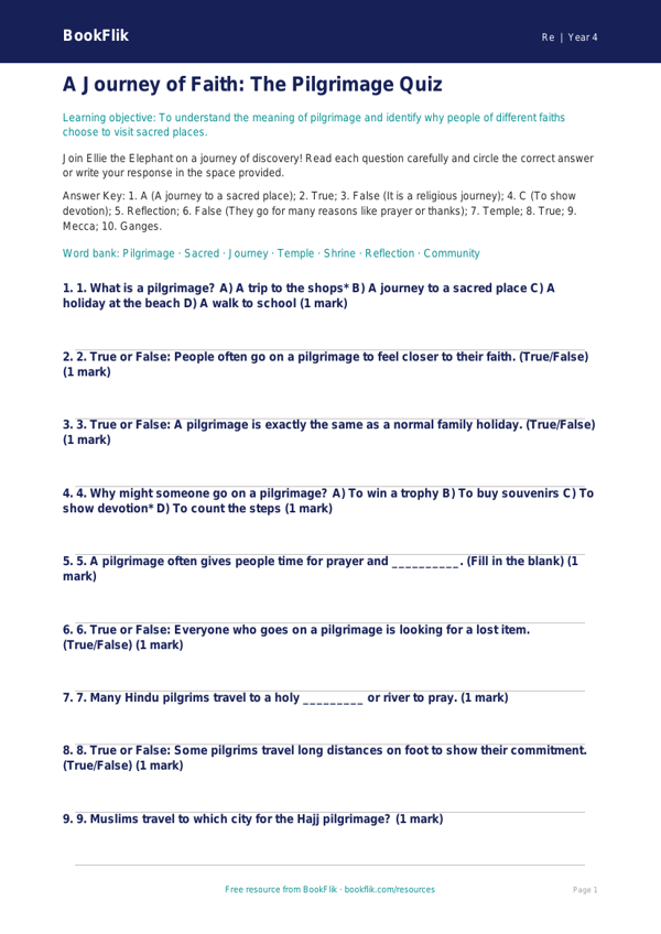 Free Pilgrimage Quiz | Class 4 | EVS / Moral Education | BookFlik worksheet preview — Re Pilgrimage