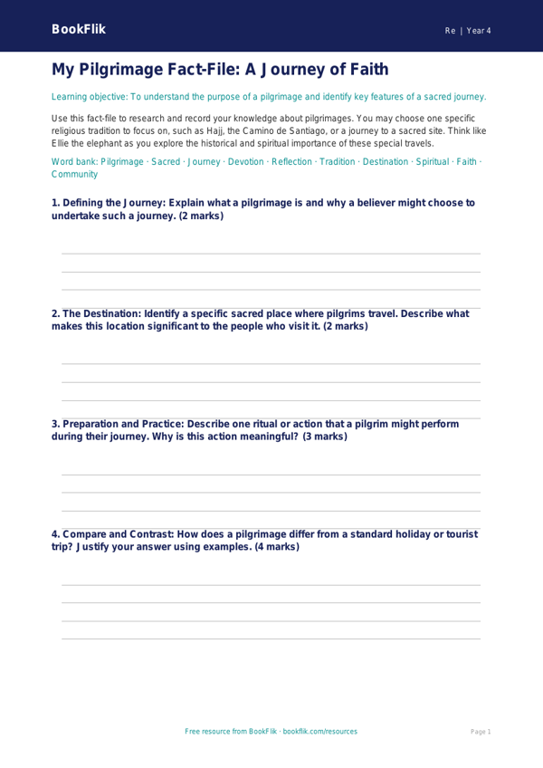 Free Pilgrimage Template | Class 4 | EVS / Moral Education | BookFlik worksheet preview — Re Pilgrimage