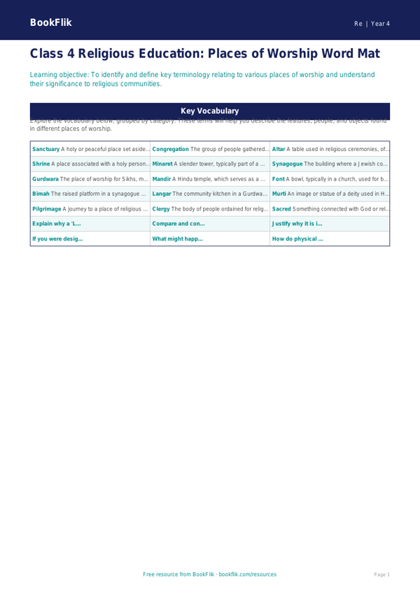 Free Places Of Worship Word Mat | Class 4 | EVS / Moral Education | BookFlik worksheet preview — Re Places Of Worship