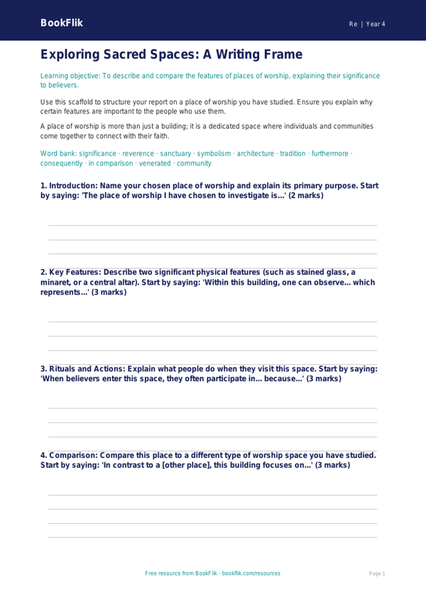 Free Places Of Worship Writing Frame | Class 4 | EVS / Moral Education | BookFlik worksheet preview — Re Places Of Worship