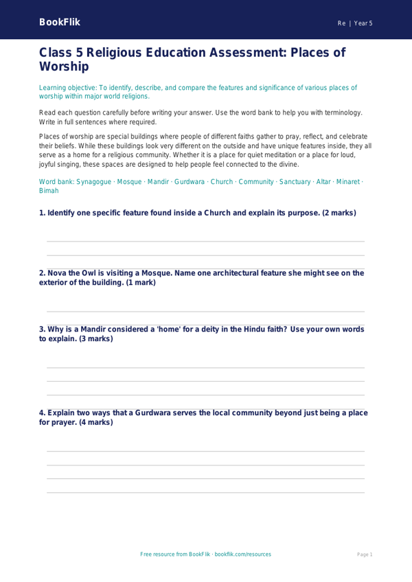 Free Places Of Worship Assessment | Class 5 | EVS / Moral Education | BookFlik worksheet preview — Re Places Of Worship