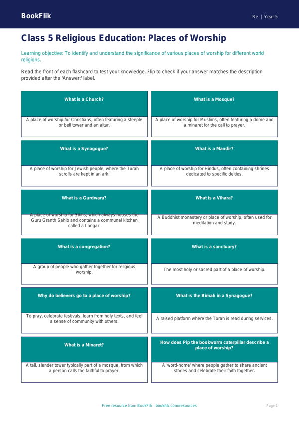 Free Places Of Worship Flashcards | Class 5 | EVS / Moral Education | BookFlik worksheet preview — Re Places Of Worship