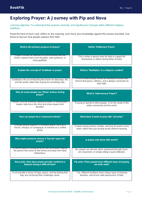 Class 4 Prayer Flashcards | EVS & Moral Education | BookFlik worksheet preview — Re Prayer
