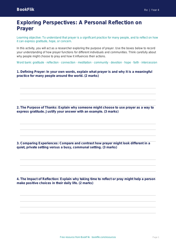 Free Prayer Template | Class 4 | EVS / Moral Education | BookFlik worksheet preview — Re Prayer