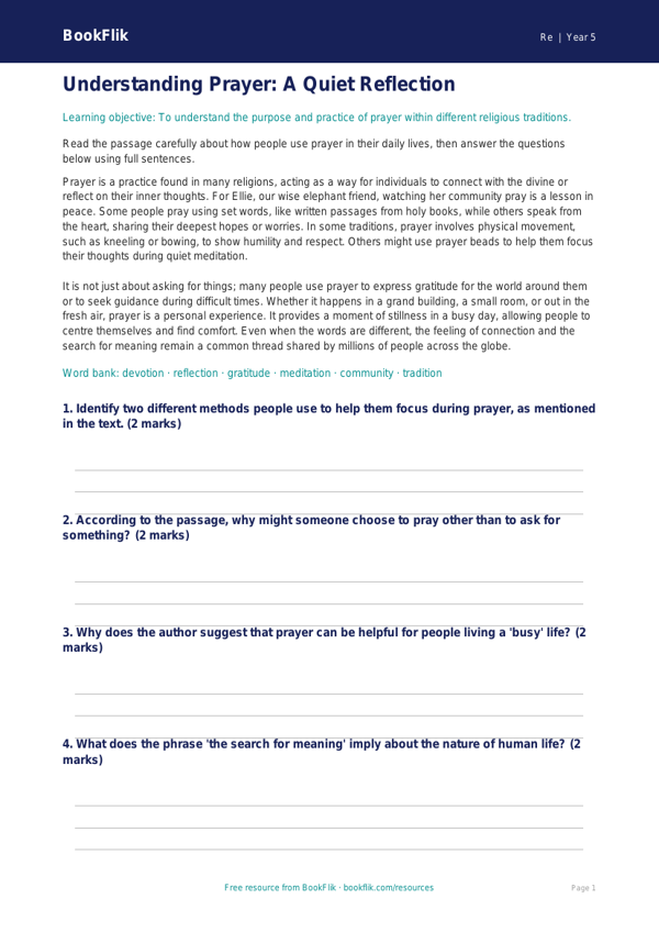 Free Prayer Comprehension | Class 5 | EVS / Moral Education | BookFlik worksheet preview — Re Prayer