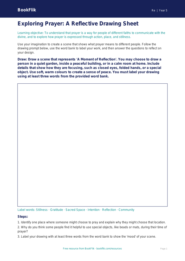 Free Prayer Drawing Sheet | Class 5 | EVS / Moral Education | BookFlik worksheet preview — Re Prayer