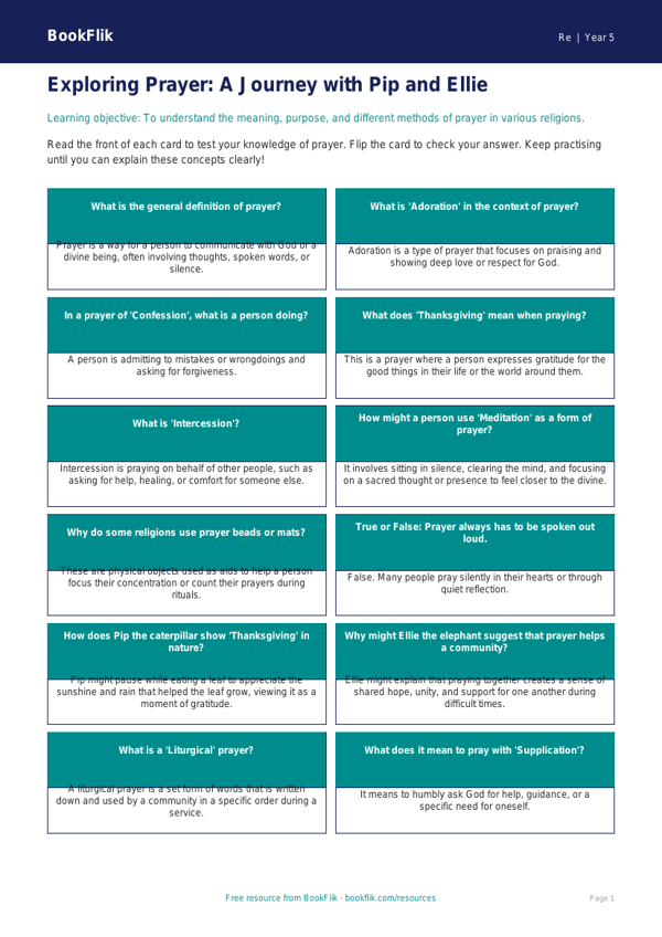 Prayer Flashcards for Class 5 | EVS & Moral Education | BookFlik worksheet preview — Re Prayer