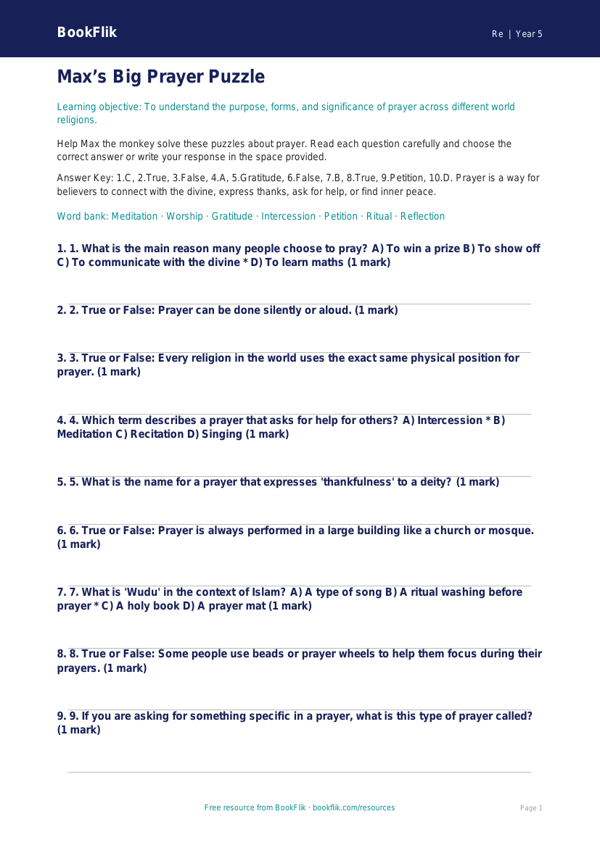 Free Prayer Quiz | Class 5 | EVS / Moral Education | BookFlik worksheet preview — Re Prayer