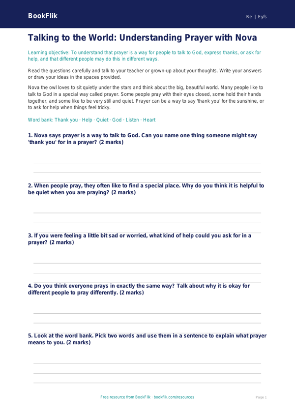 Free Prayer Worksheet | Nursery / LKG | EVS / Moral Education | BookFlik worksheet preview — Re Prayer