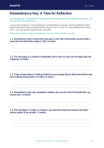 Free Remembrance Day Activity Sheet | Class 5 | EVS / Moral Education | BookFlik
