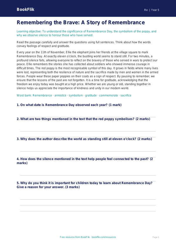 Free Remembrance Day Comprehension | Class 5 | EVS / Moral Education | BookFlik worksheet preview — Re Remembrance Day