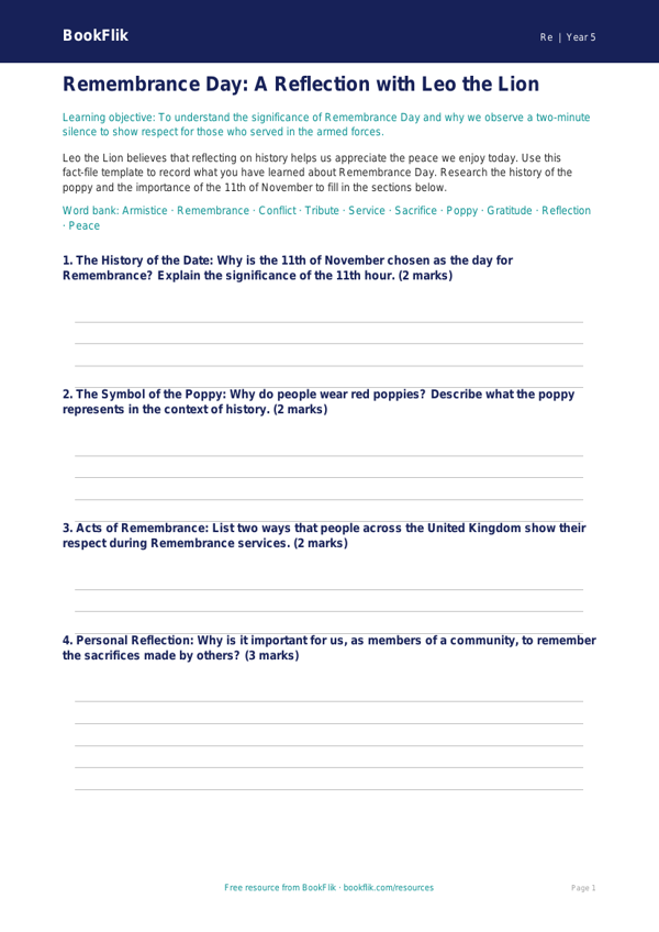 Free Remembrance Day Template | Class 5 | EVS / Moral Education | BookFlik worksheet preview — Re Remembrance Day
