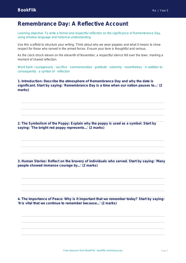 Remembrance Day Writing Frame | Class 5 EVS & Moral Education | BookFlik worksheet preview — Re Remembrance Day