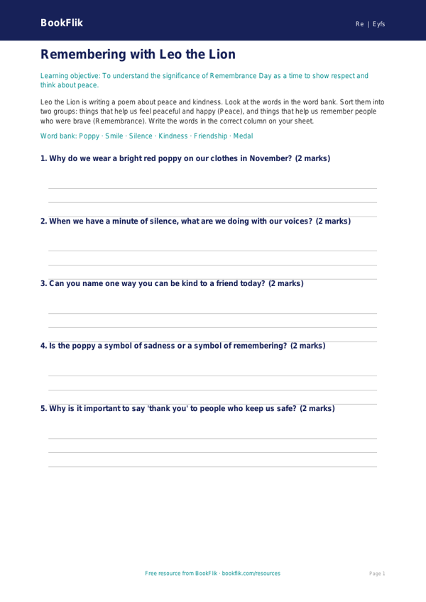 Free Remembrance Day Activity Sheet | Nursery / LKG | EVS / Moral Education | BookFlik worksheet preview — Re Remembrance Day
