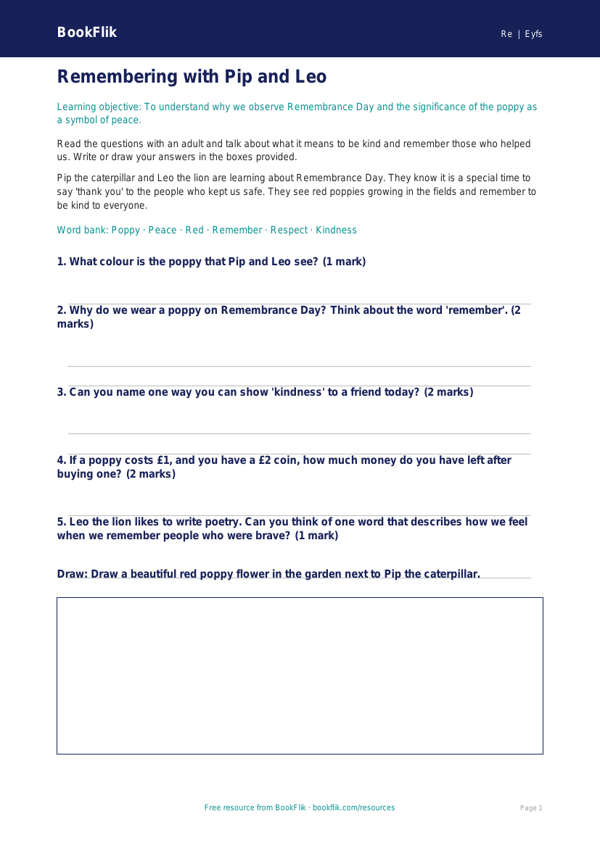 Free Remembrance Day Worksheet | Nursery / LKG | EVS / Moral Education | BookFlik worksheet preview — Re Remembrance Day