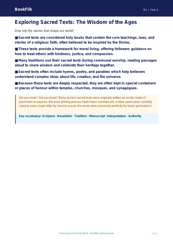 Sacred Texts of India: Educational Poster for Class 4 | BookFlik worksheet preview — Re Sacred Texts