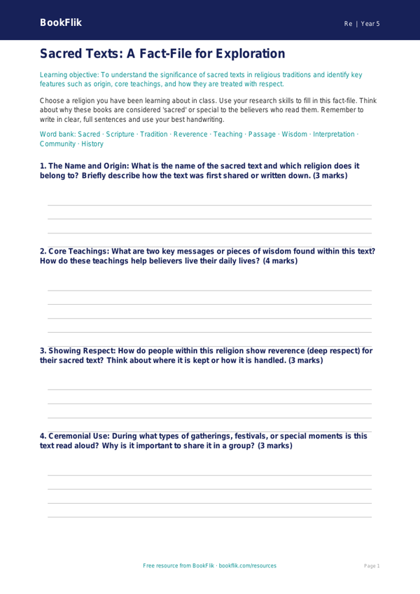 Sacred Texts and Traditions: Class 5 EVS Worksheet | BookFlik worksheet preview — Re Sacred Texts