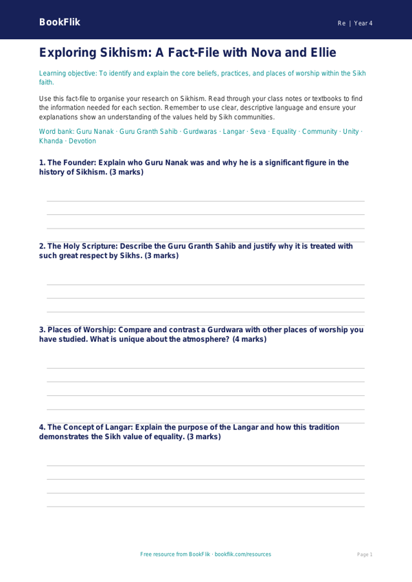 Sikhism Lesson Plan for Class 4 | CBSE EVS & Moral Education | BookFlik worksheet preview — Re Sikhism