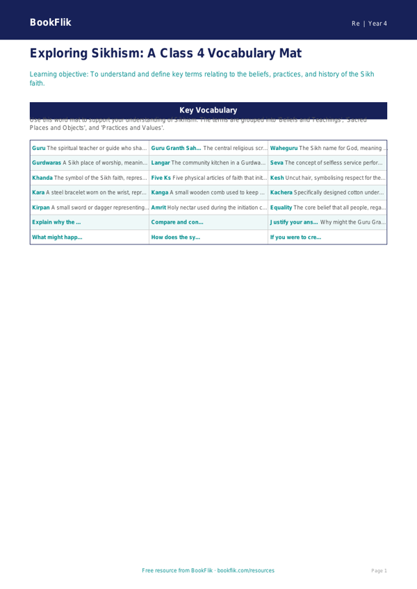 Sikhism Word Mat for Class 4 | EVS & Moral Education | BookFlik worksheet preview — Re Sikhism