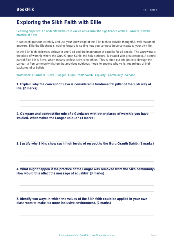 Free Sikhism Worksheet | Class 4 | EVS / Moral Education | BookFlik worksheet preview — Re Sikhism