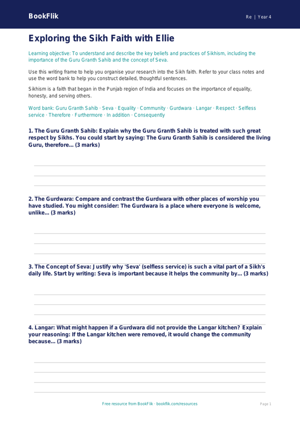 Free Sikhism Writing Frame | Class 4 | EVS / Moral Education | BookFlik worksheet preview — Re Sikhism
