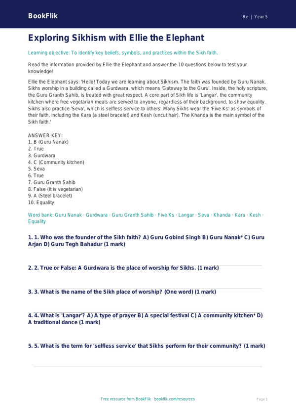 Free Sikhism Quiz | Class 5 | EVS / Moral Education | BookFlik worksheet preview — Re Sikhism