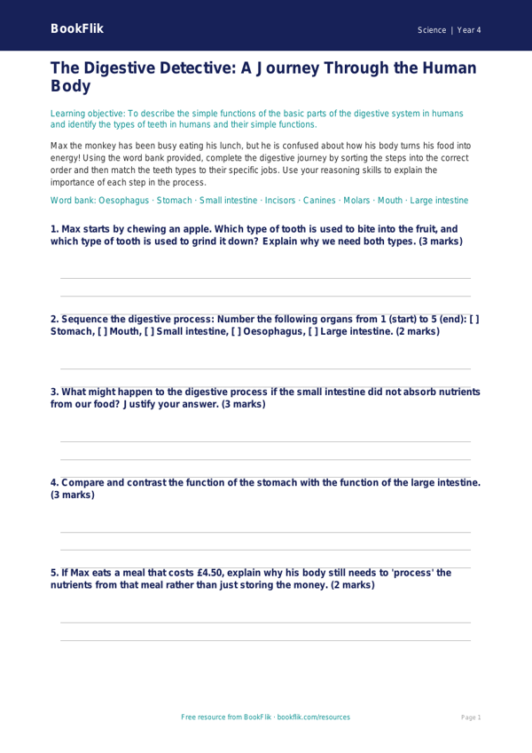 Free Animals Including Humans Activity Sheet | Class 4 | Science | BookFlik worksheet preview — Science Animals Including Humans
