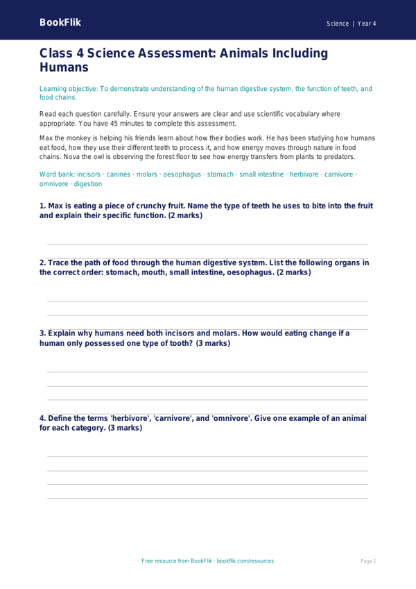 Science animals including humans assessment class 4 greater depth worksheet preview — Science Animals Including Humans