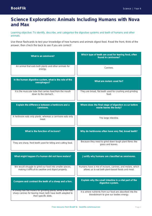 Free Animals Including Humans Flashcards | Class 4 | Science | BookFlik worksheet preview — Science Animals Including Humans