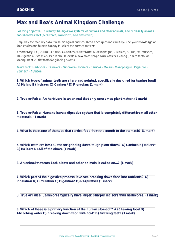 Free Animals Including Humans Quiz | Class 4 | Science | BookFlik worksheet preview — Science Animals Including Humans