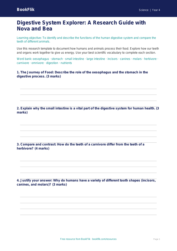 Science animals including humans template class 4 greater depth worksheet preview — Science Animals Including Humans