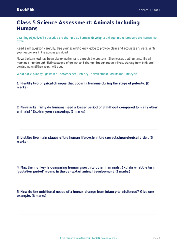Free Animals Including Humans Assessment | Class 5 | Science | BookFlik worksheet preview — Science Animals Including Humans