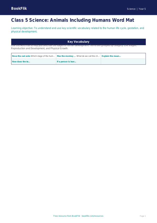 Animals Including Humans Word Mat | Class 5 Science | BookFlik worksheet preview — Science Animals Including Humans