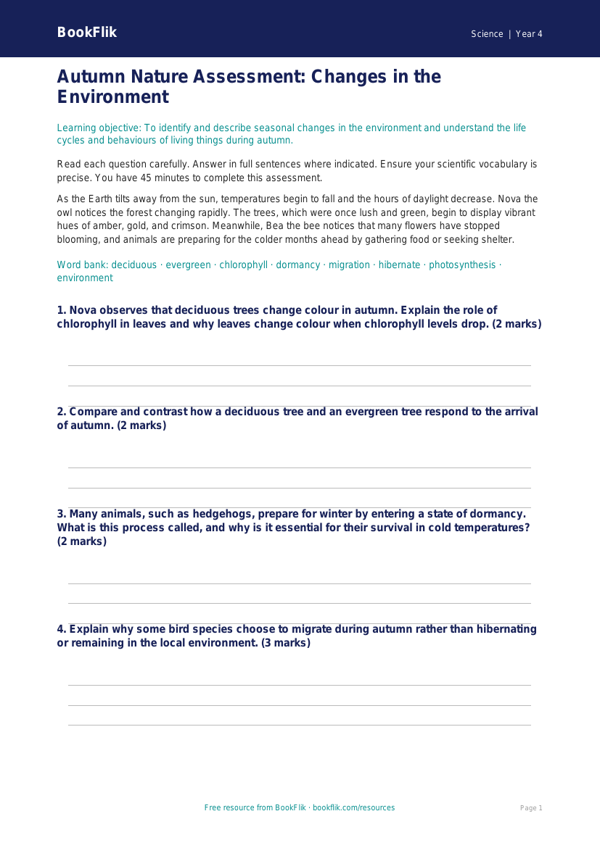 Autumn Science Assessment for Class 4 | CBSE Curriculum | BookFlik worksheet preview — Science Autumn Science